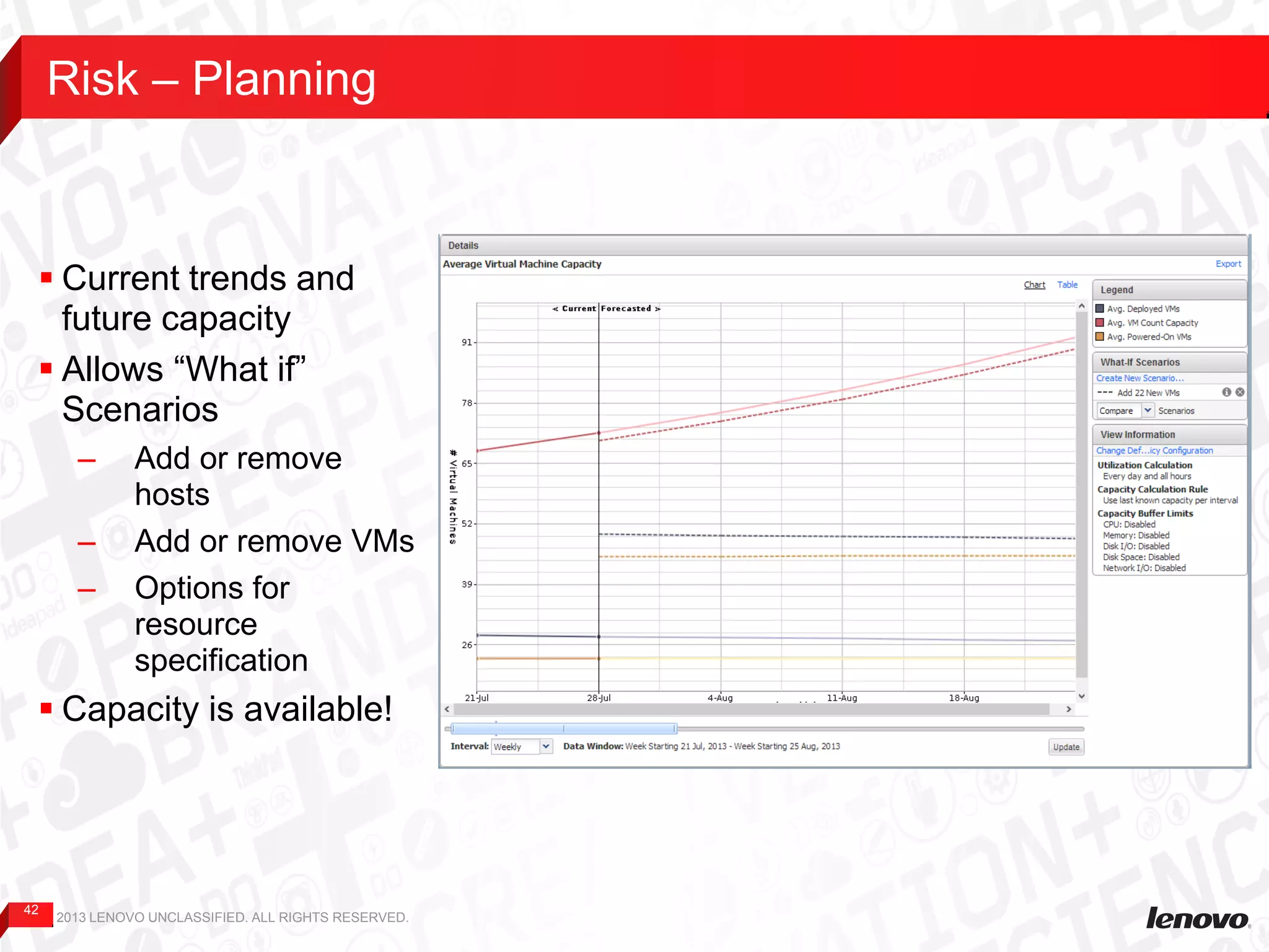 42
Risk – Planning
2013 LENOVO UNCLASSIFIED. ALL RIGHTS RESERVED.
 Current trends and
future capacity
 Allows “What if”
Scenarios
– Add or remove
hosts
– Add or remove VMs
– Options for
resource
specification
 Capacity is available!
 