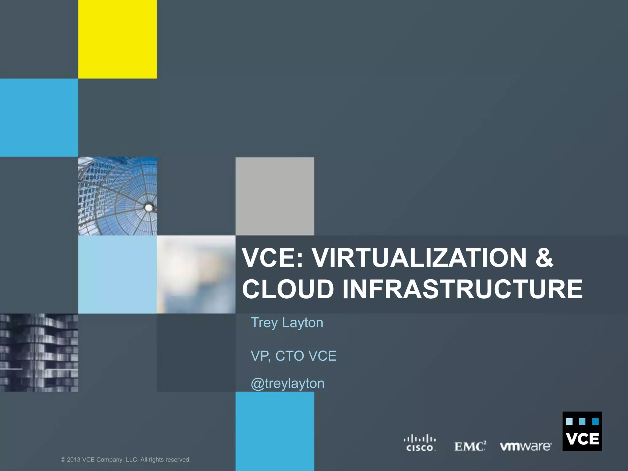 © 2013 VCE Company, LLC. All rights reserved.
Trey Layton
VP, CTO VCE
@treylayton
VCE: VIRTUALIZATION &
CLOUD INFRASTRUCTURE
 