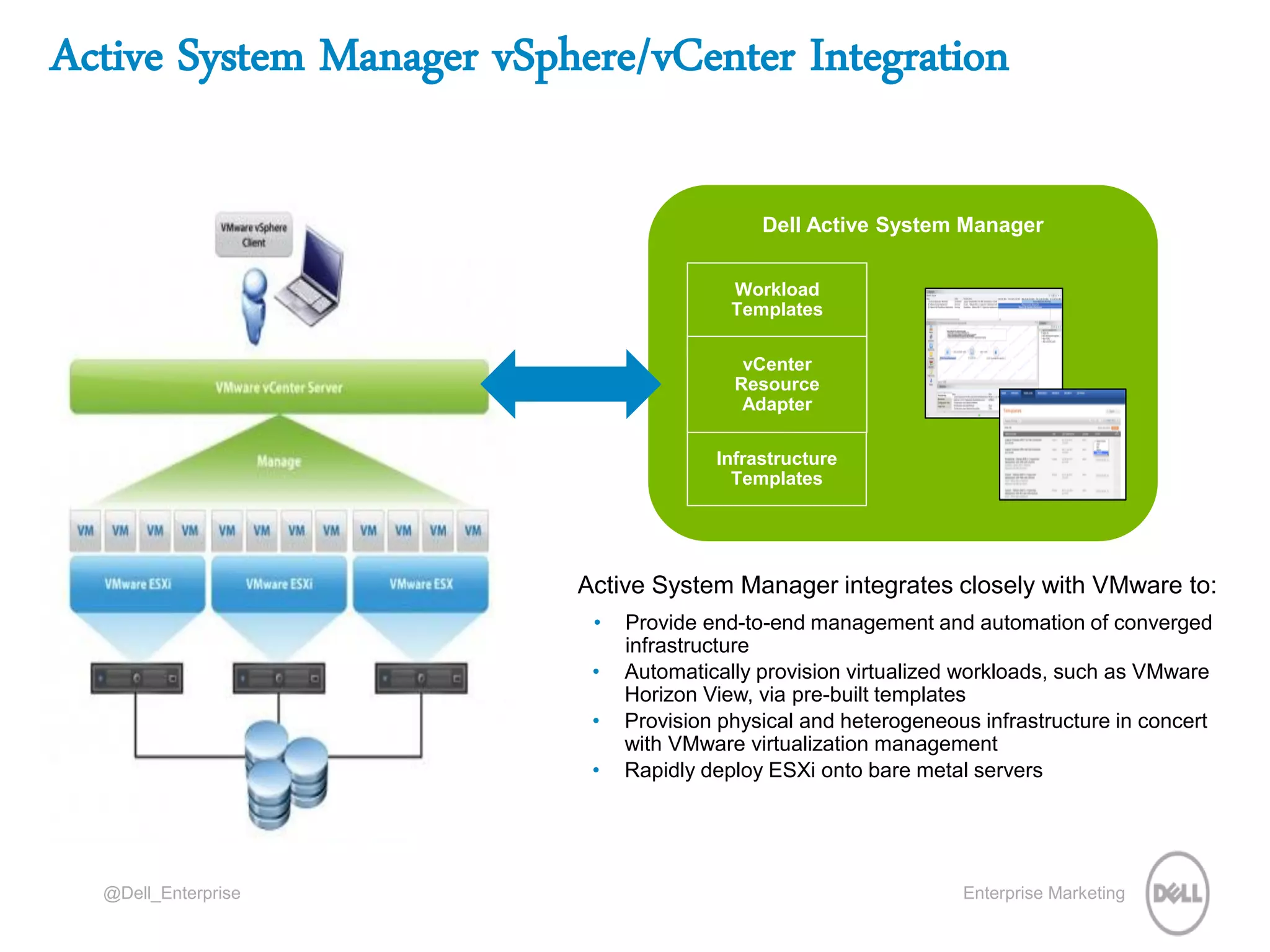 Enterprise Marketing@Dell_Enterprise
Active System Manager vSphere/vCenter Integration
Active System Manager
Infrastructure
Templates
Workload
Templates
vCenter
Resource
Adapter
Dell Active System Manager
Active System Manager integrates closely with VMware to:
• Provide end-to-end management and automation of converged
infrastructure
• Automatically provision virtualized workloads, such as VMware
Horizon View, via pre-built templates
• Provision physical and heterogeneous infrastructure in concert
with VMware virtualization management
• Rapidly deploy ESXi onto bare metal servers
 