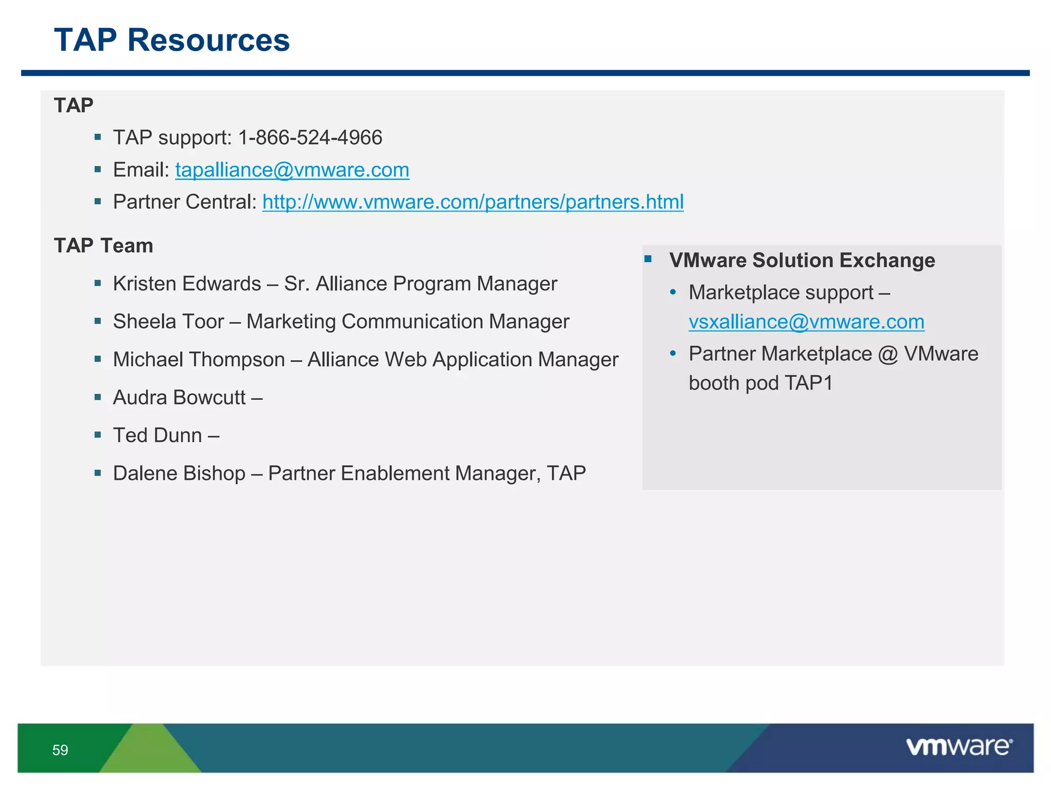 59
TAP Resources
TAP
 TAP support: 1-866-524-4966
 Email: tapalliance@vmware.com
 Partner Central: http://www.vmware.com/partners/partners.html
TAP Team
 Kristen Edwards – Sr. Alliance Program Manager
 Sheela Toor – Marketing Communication Manager
 Michael Thompson – Alliance Web Application Manager
 Audra Bowcutt –
 Ted Dunn –
 Dalene Bishop – Partner Enablement Manager, TAP
 VMware Solution Exchange
• Marketplace support –
vsxalliance@vmware.com
• Partner Marketplace @ VMware
booth pod TAP1
 