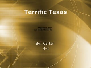 Terrific Texas

          QuickTimeª and a
            decompressor
   are needed to see this picture.




     By: Carter
         4-1
 