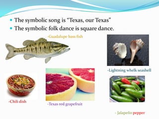  The symbolic song is “Texas, our Texas”
 The symbolic folk dance is square dance.
-Guadalupe bass fish

-Lightning whelk seashell

-Chili dish

-Texas red grapefruit
- Jalapeño pepper

 