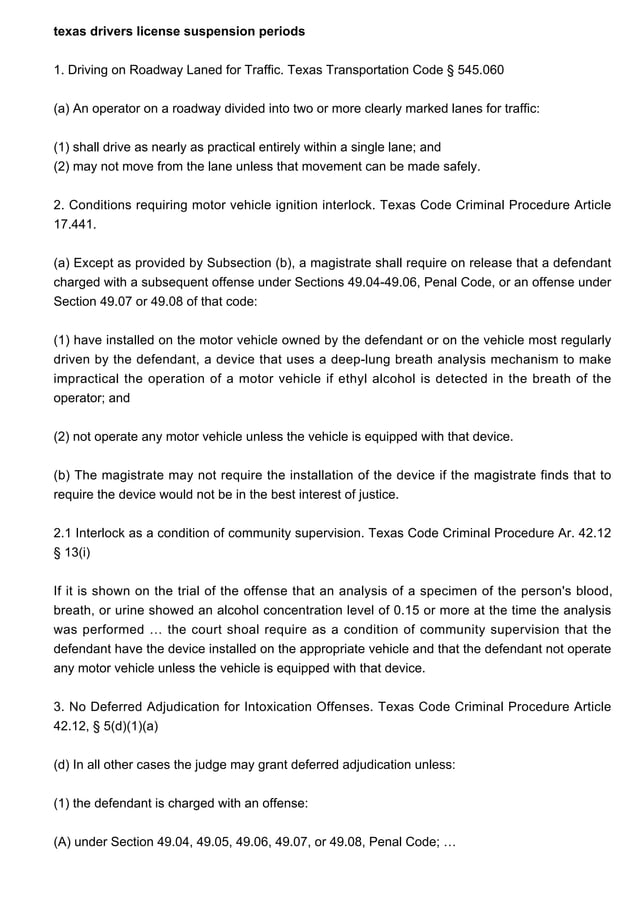 Texas Drivers License Suspension Periods, Texas DWI Statutes, Ignition