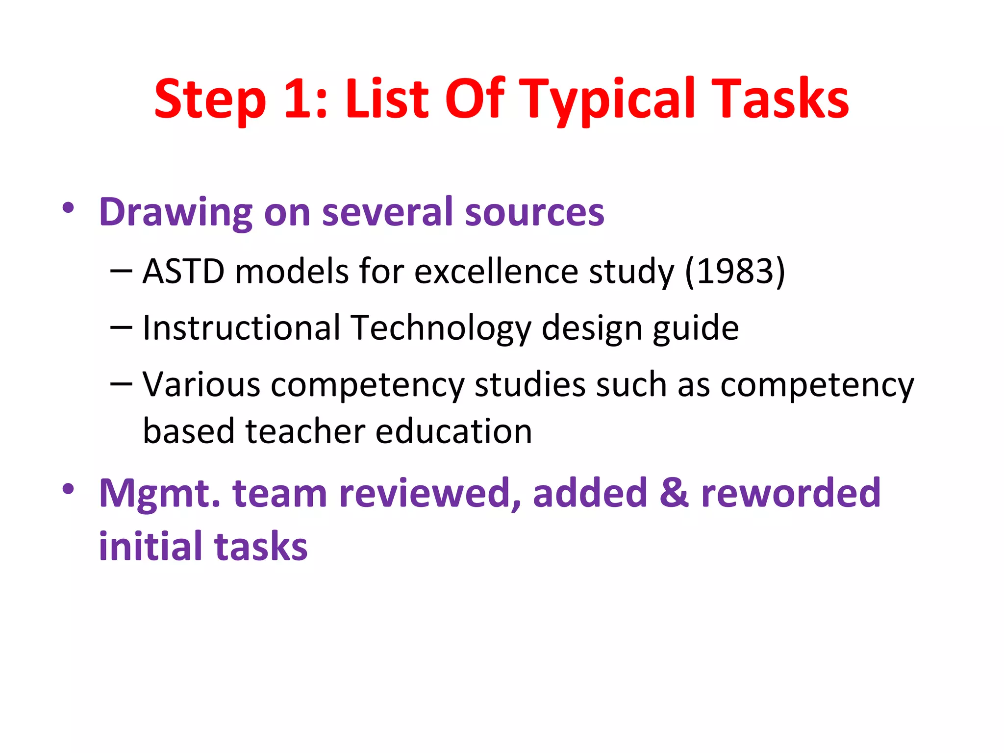 Step 1: List Of Typical Tasks Drawing on several sources ASTD models for excellence study (1983) Instructional Technology design guide Various competency studies such as competency based teacher education Mgmt. team reviewed, added & reworded initial tasks 