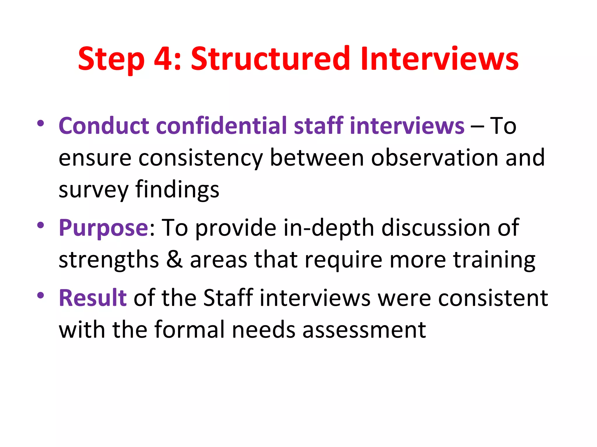 Step 4: Structured Interviews Conduct confidential staff interviews  – To ensure consistency between observation and survey findings Purpose : To provide in-depth discussion of strengths & areas that require more training Result  of the Staff interviews were consistent with the formal needs assessment 