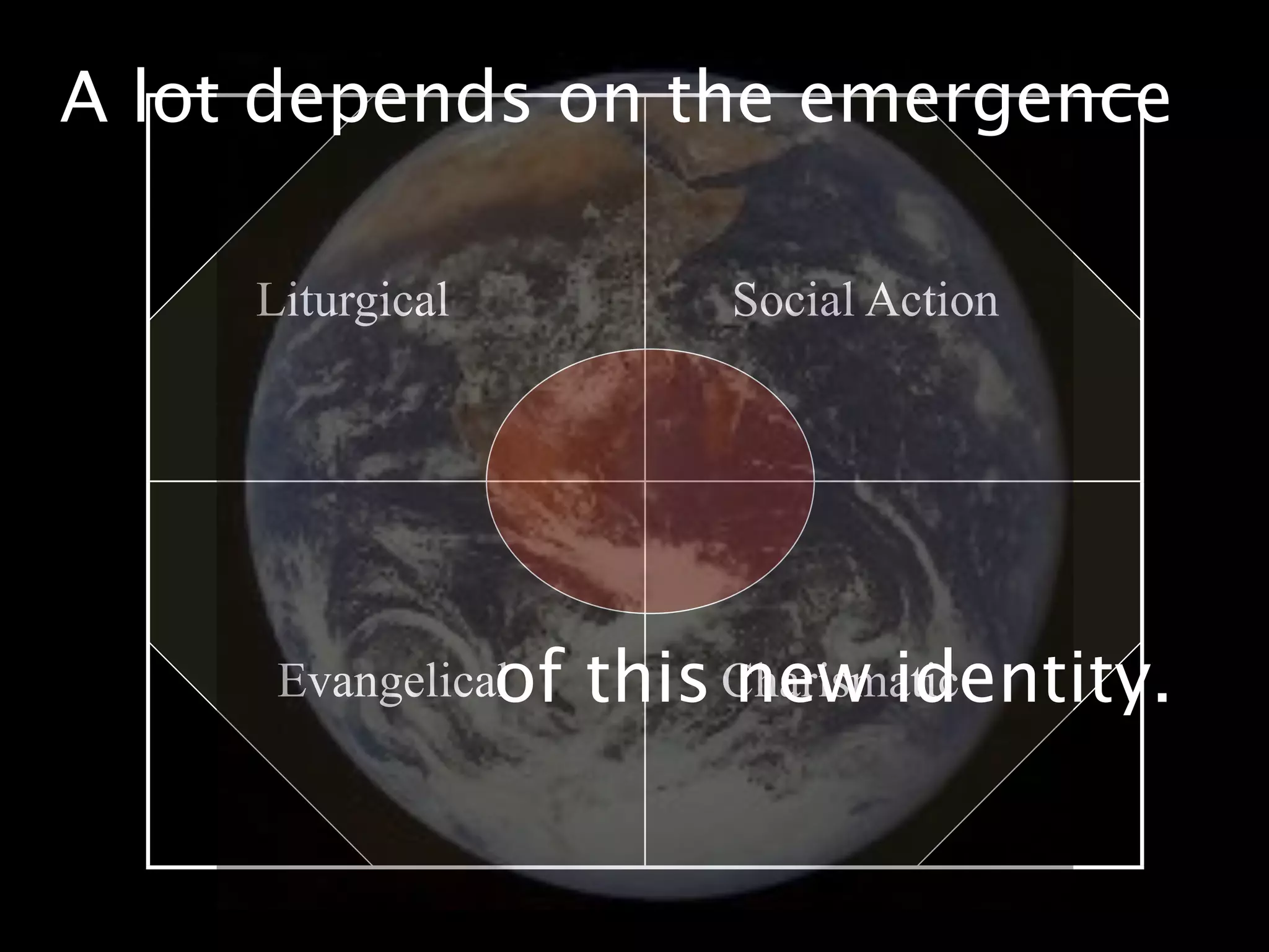 A lot depends on the emergence

     Liturgical          Social Action




                of
      Evangelical    this Charismatic
                          new identity.
 