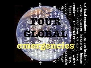 spiritual emptiness corrupt leadership
 poverty disease ignorance hunger
   and malnutrition climate change
conﬂicts Financial Instability Water/
                      emergencies

  Sanitation subsidies/trade barriers
population/ migration communicable
       GLOBAL

  diseases education governance/
   corruption     hunger education
        FOUR

  gender inequality    child mortality
   maternal health    environmental
     sustainability ethnic conﬂicts
      terrorism weapons of mass
destruction organized crime networks
     energy demands clean water
   population growth authoritarian
                 regimes
 