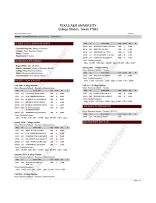 TEXAS A&M UNIVERSITY 
College Station, Texas 77843 
UNOFFICIAL ACADEMIC RECORD 16-JAN-2012 
Name: Michael Herlache (920002022,T00660880 ) 
Page 1 of 1 
CURRICULUM INFORMATION 
Current Program: Master of Science 
College: Mays Business School 
Major: Finance 
Department: Finance 
DEGREE(S) AWARDED 
Degree Date: Dec 18, 2010 
Degree Awarded: Master of Business Admin. 
College: Mays Business School 
Major: Business Administration 
Concentration: Non-Thesis Option 
INSTITUTION CREDIT 
Fall 2009 - College Station 
Mays Business School - Business Administration 
Subj No. Course Title Cred Grade Pts R 
ACCT 610 FINANCIAL ACCOUNTING 3.000 B 9.000 
FINC 612 FINC FOR PROFESSIONAL 3.000 B 9.000 
INFO 610 QUANT ANALY BUAD DECIS 3.000 B 9.000 
MGMT 611 MICROFOUND BUS BEHAV 3.000 A 12.000 
MGMT 639 NEGO IN COMPETITIVE ENVI 1.000 A 4.000 
MGMT 689 SP TP:MANAGERIAL 
MACROECONOMIC 
2.000 B 6.000 
MKTG 613 MARKETING MANAGEMENT 3.000 B 9.000 
Term Totals(Graduate) 
Ehrs: 18.000 GPA-Hrs: 18.000 Qpts: 58.000 GPA: 3.222 
Spring 2010 - College Station 
Mays Business School - Business Administration 
Subj No. Course Title Cred Grade Pts R 
ACCT 620 MGMT ACCT & CONTROL 3.000 B 9.000 
FINC 613 FINC FOR PROFESSIONAL II 3.000 A 12.000 
FINC 632 INVESTMENT MANAGEMENT 3.000 A 12.000 
INFO 614 OPERATIONS MANAGEMENT 3.000 B 9.000 
MGMT 614 MGMT PEOPLE IN ORGANIZ 3.000 A 12.000 
MGMT 618 CORP STRAT & POL ENVIR 3.000 A 12.000 
Term Totals(Graduate) 
Ehrs: 18.000 GPA-Hrs: 18.000 Qpts: 66.000 GPA: 3.666 
Summer 2010 - College Station 
Mays Business School - Business Administration 
Subj No. Course Title Cred Grade Pts R 
FINC 666 WALL ST INVST BK: IN-ABSENTIA 
3.000 A 12.000 
Term Totals(Graduate) 
Ehrs: 3.000 GPA-Hrs: 3.000 Qpts: 12.000 GPA: 4.000 
Fall 2010 - College Station 
Mays Business School - Business Administration 
Subj No. Course Title Cred Grade Pts R 
BUAD 620 BUSINESS COMMUNICATION 3.000 A 12.000 
BUAD 685 DIRECTED STUDIES 1.000 A 4.000 
BUAD 693 PROFESSIONAL STUDY 3.000 A 12.000 
FINC 647 FIN STATEMENT ANALYSIS 3.000 B 9.000 
MGMT 679 INTERNTNL BUS POLICY 3.000 C 6.000 
Term Totals(Graduate) 
Ehrs: 13.000 GPA-Hrs: 13.000 Qpts: 43.000 GPA: 3.307 
Spring 2011 - College Station 
Mays Business School - Finance 
Subj No. Course Title Cred Grade Pts R 
FINC 669 TITANS OF INVESTING 3.000 A 12.000 
Term Totals(Graduate) 
Ehrs: 3.000 GPA-Hrs: 3.000 Qpts: 12.000 GPA: 4.000 
Fall 2011 - College Station 
Mays Business School - Finance 
Subj No. Course Title Cred Grade Pts R 
FINC 445 FUND INTERNATL BUS 3.000 W 0.000 
MKTG 665 RESEARCH MKTG DECIS 3.000 W 0.000 
Term Totals(Graduate) 
Ehrs: 0.000 GPA-Hrs: 0.000 Qpts: 0.000 GPA: 0.000 
COURSES IN PROGRESS 
Mays Business School - Finance (201211) 
Subj No. Course Title Cred Grade Pts R 
FINC 629 FINANCIAL MGMT I 3.000 
TRANSCRIPT TOTALS 
