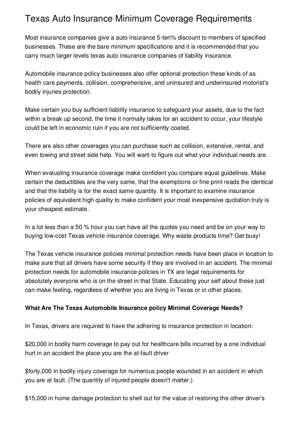 Texas Auto Insurance Minimum Coverage Requirements