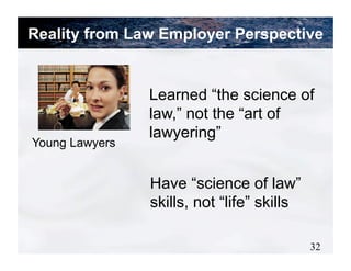 Reality from Law Employer Perspective


                Learned “the science of
                law,” not the “art of
                lawyering”
Young Lawyers


                Have “science of law”
                skills, not “life” skills

                                            32
 