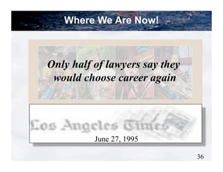 Where We Are Now!



Only half of lawyers say they
 would choose career again




          June 27, 1995

                                36
 