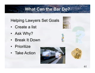 What Can the Bar Do?

Helping Lawyers Set Goals
•! Create a list
•! Ask Why?
•! Break It Down
•! Prioritize
•! Take Action


                                61
 