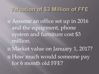  Assume an office set up in 2016
and the equipment, phone
system and furniture cost $3
million.
 Market value on January 1, 2017?
 How much would someone pay
for 6 month old FFE?
 