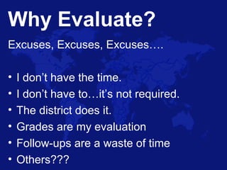 Why Evaluate?
Excuses, Excuses, Excuses….
• I don’t have the time.
• I don’t have to…it’s not required.
• The district does it.
• Grades are my evaluation
• Follow-ups are a waste of time
• Others???
 