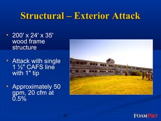 SSttrruuccttuurraall –– EExxtteerriioorr AAttttaacckk 
41 
• 200' x 24' x 35' 
wood frame 
structure 
• Attack with single 
1 ½" CAFS line 
with 1" tip 
• Approximately 50 
gpm, 20 cfm at 
0.5% 
 