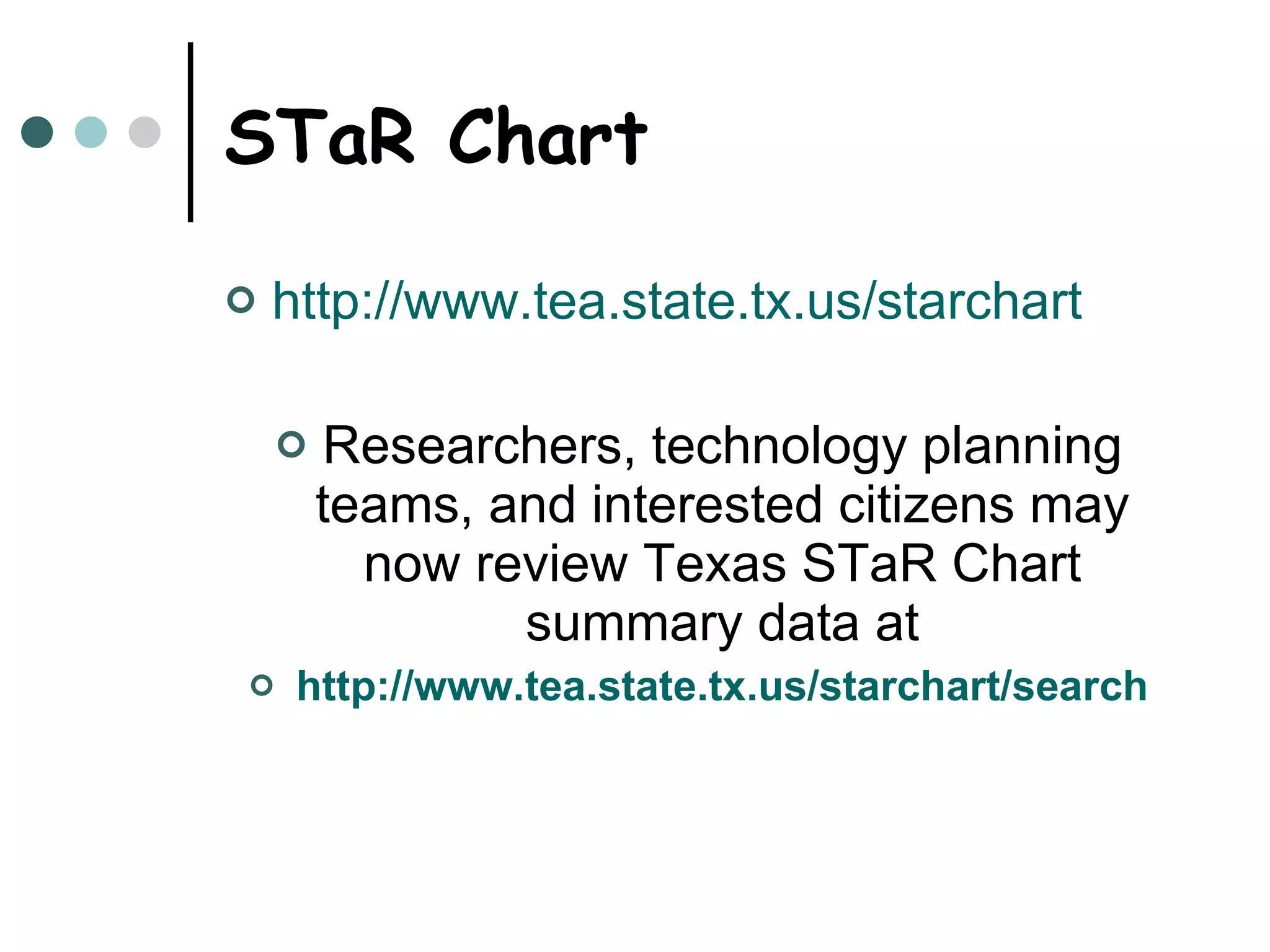 STaR Chart http://www.tea.state.tx.us/starchart Researchers, technology planning teams, and interested citizens may now review Texas STaR Chart summary data at http://www.tea.state.tx.us/starchart/search 