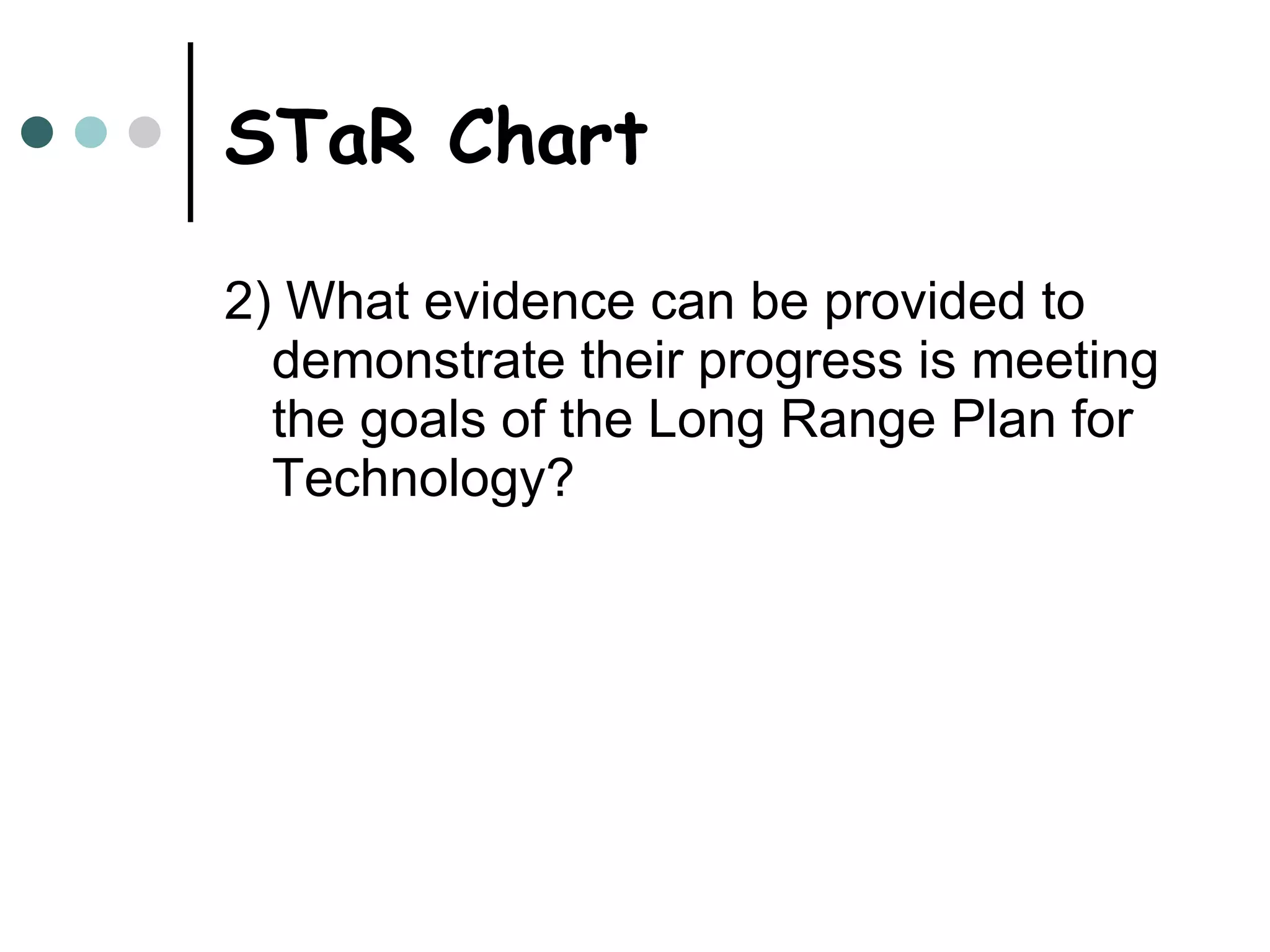 STaR Chart 2) What evidence can be provided to demonstrate their progress is meeting the goals of the Long Range Plan for Technology? 