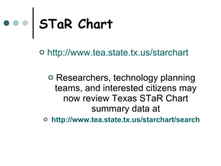 STaR Chart http://www.tea.state.tx.us/starchart Researchers, technology planning teams, and interested citizens may now review Texas STaR Chart summary data at http://www.tea.state.tx.us/starchart/search 