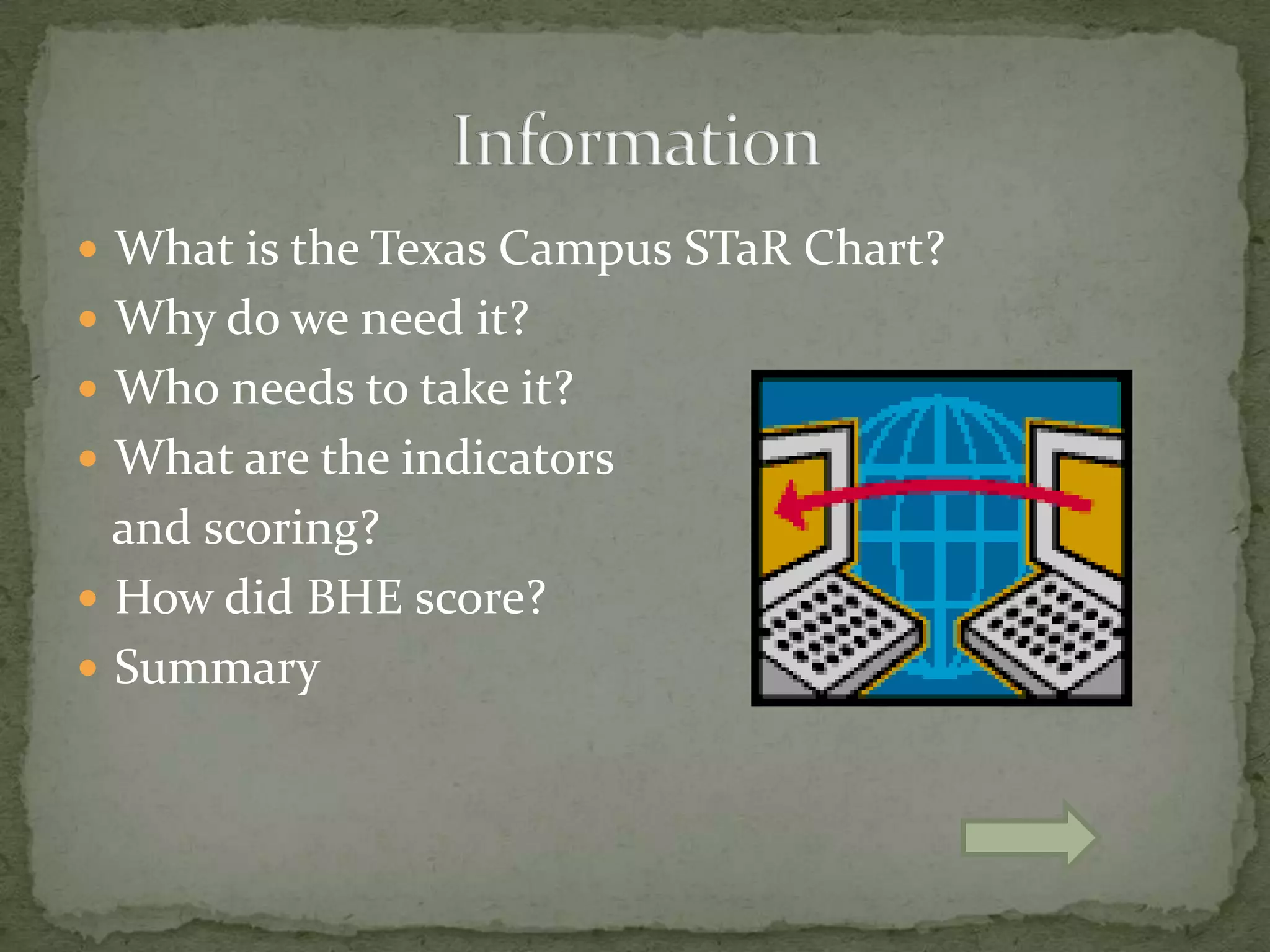 What is the Texas Campus STaRChart?Why do we need it?Who needs to take it?What are the indicators   and scoring?How did BHE score?SummaryInformation 