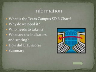What is the Texas Campus STaRChart?Why do we need it?Who needs to take it?What are the indicators   and scoring?How did BHE score?SummaryInformation 