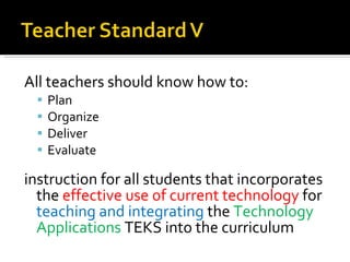 All teachers should know how to: Plan Organize Deliver Evaluate  instruction for all students that incorporates the  effective use of current technology  for  teaching and integrating  the  Technology Applications  TEKS into the curriculum 