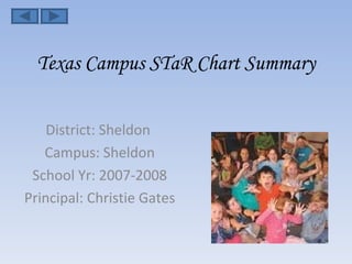 Texas Campus STaR Chart Summary District: Sheldon  Campus: Sheldon School Yr: 2007-2008 Principal: Christie Gates 