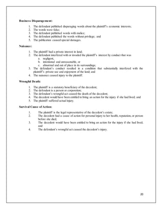 20
Business Disparagement:
1. The defendant published disparaging words about the plaintiff’s economic interests;
2. The words were false;
3. The defendant published words with malice;
4. The defendant published the words without privilege; and
5. The publication caused special damages.
Nuisance:
1. The plaintiff had a private interest in land;
2. The defendant interfered with or invaded the plaintiff’s interest by conduct that was
a. negligent,
b. intentional and unreasonable, or
c. abnormal and out of place in its surroundings;
3. The defendant’s conduct resulted in a condition that substantially interfered with the
plaintiff’s private use and enjoyment of the land; and
4. The nuisance caused injury to the plaintiff.
Wrongful Death:
1. The plaintiff is a statutory beneficiary of the decedent;
2. The defendant is a person or corporation;
3. The defendant’s wrongful act caused the death of the decedent;
4. The decedent would have been entitled to bring an action for the injury if she had lived; and
5. The plaintiff suffered actual injury.
Survival Cause of Action:
1. The plaintiff is the legal representative of the decedent’s estate;
2. The decedent had a cause of action for personal injury to her health, reputation, or person
before she died;
3. The decedent would have been entitled to bring an action for the injury if she had lived;
and
4. The defendant’s wrongful act caused the decedent’s injury.
 