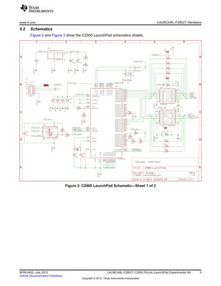 Emulator - XDS100v2
1.0C2000_LaunchPad.sch
10k
2.2k
3.3u
0.1u
93
0.1u0.1u0.1u
12k
1k
ISO7231
ISO7240
AGND
AGND
AGND
AGND
AGNDAGND
GND
GND
AGND
1u 0.1u
AGND
AGND
1k
AGND
330
330
12M
36p 36p
+3V3
0
0
0
0
0
0
0
0
0
TLV1117-33
100u
AGND
+3V3
AGND
AGND
AGND
AGND
4.7u 4.7u
AGND
AGND
820
AGND
500mA
+5V
R29
R31
C15
C16
62
CLK4
DO 1
DI3
CS5
VCC
GND
U8
VREGINP$50
USBDMP$7
USBDPP$8
REFP$6
RESET#P$14
OSCIP$2
OSCOP$3
EECSP$63
EECLKP$62
EEDATAP$61
TESTP$13
AGNDP$10
GND1P$1
GND2P$5
GND3P$11
GND4P$15
PWREN# P$60
SUSPEND# P$36
BCBUS3 P$54
BCBUS2 P$53
BCBUS1 P$52
BCBUS0 P$48
BDBUS7 P$46
BDBUS6 P$45
BDBUS5 P$44
BDBUS4 P$43
BDBUS3 P$41
BDBUS2 P$40
BDBUS1 P$39
BDBUS0 P$38
ACBUS3 P$29
ACBUS2 P$28
ACBUS1 P$27
ACBUS0 P$26
ADBUS7 P$24
ADBUS6 P$23
ADBUS5 P$22
ADBUS4 P$21
ADBUS3 P$19
ADBUS2 P$18
ADBUS1 P$17
ADBUS0 P$16
VCCIO1P$20
VCORE2P$37
VCORE1P$12
VPHYP$4
U6
FT2232H
ACBUS4 P$30
ACBUS5 P$32
ACBUS6 P$33
ACBUS7 P$34
BCBUS4 P$55
BCBUS5 P$57
BCBUS6 P$58
BCBUS7 P$59
GND5P$25
GND6P$35
GND7P$47
GND8P$51
VREGOUTP$49 VPLLP$9
VCORE3P$64
VCCIO2P$31
VCCIO3P$42
VCCIO4P$56
THTH
C14C13C12
R24
R22
1
2
3
4
5
VCC1 1VCC216
GND1 2
GND1 8
GND215
GND29
INA 3
INB 4
OUTC 5
NC1 6
EN1 7EN210
OUTA14
OUTB13
INC12
NC211
U7
VCC11 VCC2 16
GND12
GND18
GND2 15
GND2 9
INA3
INB4
INC5
IND6
NC7 EN 10
OUTA 14
OUTB 13
OUTC 12
OUTD 11
U5
C7 C9
R23
D7
D8
R26
R27
Q3
C17 C18
R21
R20
R19
R18
R16
R28
R30
R32
R25
VIN3 VOUT1 2
VOUT2 4
ADJ/GND1
U4
C8
1JP1
2
1JP2
2
C10 C11
L2
L1
D6
R17F1
1JP3
2
D-
D-
D+
D+
USBVCC
USBVCC
USBVCC
TCK
TDI
TDO
TMS
FTDI_CS
FTDI_CS
FTDI_CLK
FTDI_CLK
FTDI_DATA
FTDI_DATA
FTDI_DATA
FTDI_1V8
PWREN#
SUSPEND#
SCI_RX
SCI_TX
FTDI_3V3
FTDI_3V3
FTDI_3V3
FTDI_3V3
FTDI_3V3
FTDI_3V3
FTDI_3V3
FTDI_3V3
JTAG_TRST
Array
EEPROM
A
B
C
D
E
A
B
C
D
E
1 2 3 4 5 6
www.ti.com LAUNCHXL-F28027 Hardware
5.2 Schematics
Figure 2 and Figure 3 show the C2000 LaunchPad schematics sheets.
Figure 2. C2000 LaunchPad Schematic—Sheet 1 of 2
9SPRUHH2–July 2012 LAUNCHXL-F28027 C2000 Piccolo LaunchPad Experimenter Kit
Submit Documentation Feedback
Copyright © 2012, Texas Instruments Incorporated
 