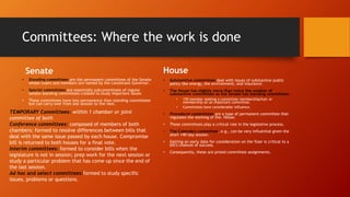 Committees: Where the work is done
Senate
• Standing committees are the permanent committees of the Senate
whose chairs and members are named by the Lieutenant Governor.
• Special committees are essentially subcommittees of regular
Senate standing committees created to study important issues
• These committees have less permanence than standing committees
but can carry over from one session to the next.
House
• Substantive committees deal with issues of substantive public
policy like energy, the environment, and insurance.
• The House has slightly more than twice the number of
substantive committees as the Senate has standing committees.
• 150 member seeking a committee membershipchair or
membership on an important committee.
• Committees have considerable influence.
• Procedural committees are a type of permanent committee that
regulates the working of the. House.
• These committees play a critical role in the legislative process.
• The Calendars committee, e.g., can be very influential given the
short 140-day session.
• Getting an early date for consideration on the floor is critical to a
bill's chances of success.
• Consequently, these are prized committee assignments.
TEMPORARY Committees: within 1 chamber or joint
committee of both
Conference committees: composed of members of both
chambers; formed to resolve differences between bills that
deal with the same issue passed by each house. Compromise
bill is returned to both houses for a final vote.
Interim committees: formed to consider bills when the
legislature is not in session; prep work for the next session or
study a particular problem that has come up since the end of
the last session.
Ad hoc and select committees:formed to study specific
issues, problems or questions.
 