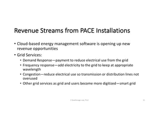 Revenue	Streams	from	PACE	Installations
• Cloud-based	energy	management	software	is	opening	up	new	
revenue	opportunities
• Grid	Services:
• Demand	Response—payment	to	reduce	electrical	use	from	the	grid
• Frequency	response—add	electricity	to	the	grid	to	keep	at	appropriate	
wavelength
• Congestion—reduce	electrical	use	so	transmission	or	distribution	lines	not	
overused
• Other	grid	services	as	grid	and	users	become	more	digitized—smart	grid
S	Deatherage	Law,	PLLC 21
 