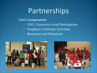 Partnerships Core Components CEO / Executive Level Participation Employee Volunteer Activities Resources and Donations 