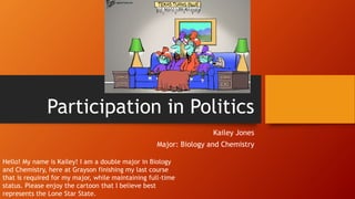 Participation in Politics
Kailey Jones
Major: Biology and Chemistry
Hello! My name is Kailey! I am a double major in Biology
and Chemistry, here at Grayson finishing my last course
that is required for my major, while maintaining full-time
status. Please enjoy the cartoon that I believe best
represents the Lone Star State.
 