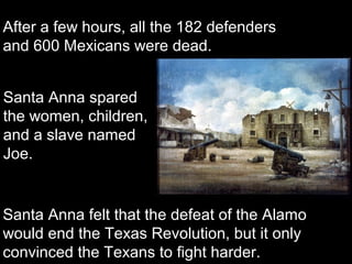 After a few hours, all the 182 defenders
and 600 Mexicans were dead.
Santa Anna spared
the women, children,
and a slave named
Joe.

Santa Anna felt that the defeat of the Alamo
would end the Texas Revolution, but it only
convinced the Texans to fight harder.

 