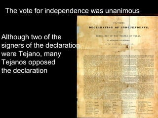 The vote for independence was unanimous

Although two of the
signers of the declaration
were Tejano, many
Tejanos opposed
the declaration

 
