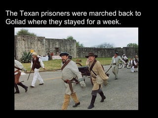 The Texan prisoners were marched back to
Goliad where they stayed for a week.

 