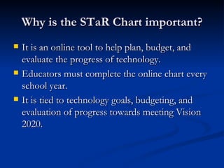 Why is the STaR Chart important? It is an online tool to help plan, budget, and evaluate the progress of technology. Educators must complete the online chart every school year. It is tied to technology goals, budgeting, and evaluation of progress towards meeting Vision 2020. 