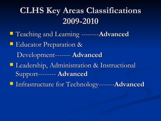 CLHS Key Areas Classifications 2009-2010 Teaching and Learning -------- Advanced Educator Preparation &  Development-------  Advanced Leadership, Administration & Instructional Support--------  Advanced Infrastructure for Technology------- Advanced 