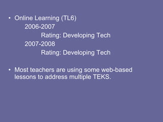 Online Learning (TL6) 2006-2007 Rating: Developing Tech 2007-2008 Rating: Developing Tech Most teachers are using some web-based lessons to address multiple TEKS. 