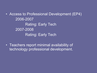 Access to Professional Development (EP4) 2006-2007 Rating: Early Tech 2007-2008 Rating: Early Tech Teachers report minimal availability of technology professional development.  