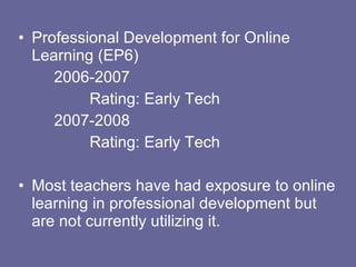 Professional Development for Online Learning (EP6) 2006-2007 Rating: Early Tech 2007-2008 Rating: Early Tech Most teachers have had exposure to online learning in professional development but are not currently utilizing it. 