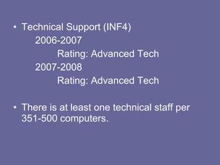 Technical Support (INF4) 2006-2007 Rating: Advanced Tech 2007-2008 Rating: Advanced Tech There is at least one technical staff per 351-500 computers. 