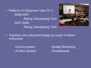 Patterns of Classroom Use (TL1) 2006-2007 Rating: Developing Tech 2007-2008 Rating: Developing Tech Teachers are using technology as a part of direct instruction. -ConVa system -United Streaming -A-Click System  -Smartboards 