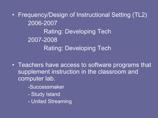 Frequency/Design of Instructional Setting (TL2) 2006-2007 Rating: Developing Tech 2007-2008 Rating: Developing Tech Teachers have access to software programs that supplement instruction in the classroom and computer lab.  -Successmaker - Study Island - United Streaming 