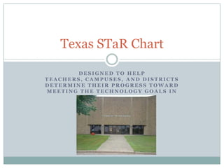 Texas STaR Chart

       DESIGNED TO HELP
TEACHERS, CAMPUSES, AND DISTRICTS
DETERMINE THEIR PROGRESS TOWARD
MEETING THE TECHNOLOGY GOALS IN
         THEIR DISTRICT.
 
