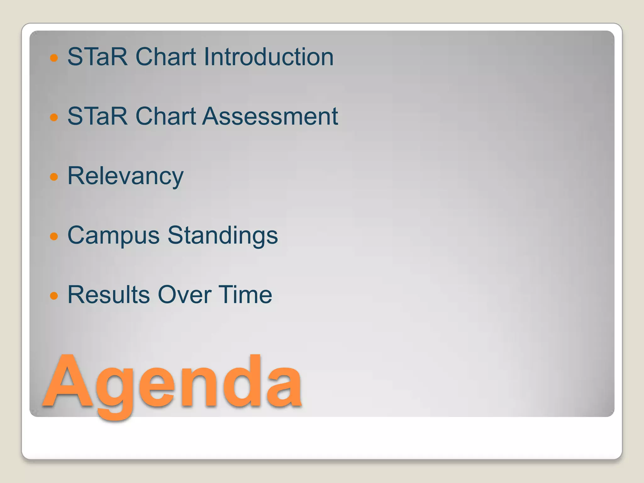 AgendaSTaR Chart IntroductionSTaR Chart AssessmentRelevancyCampus StandingsResults Over Time