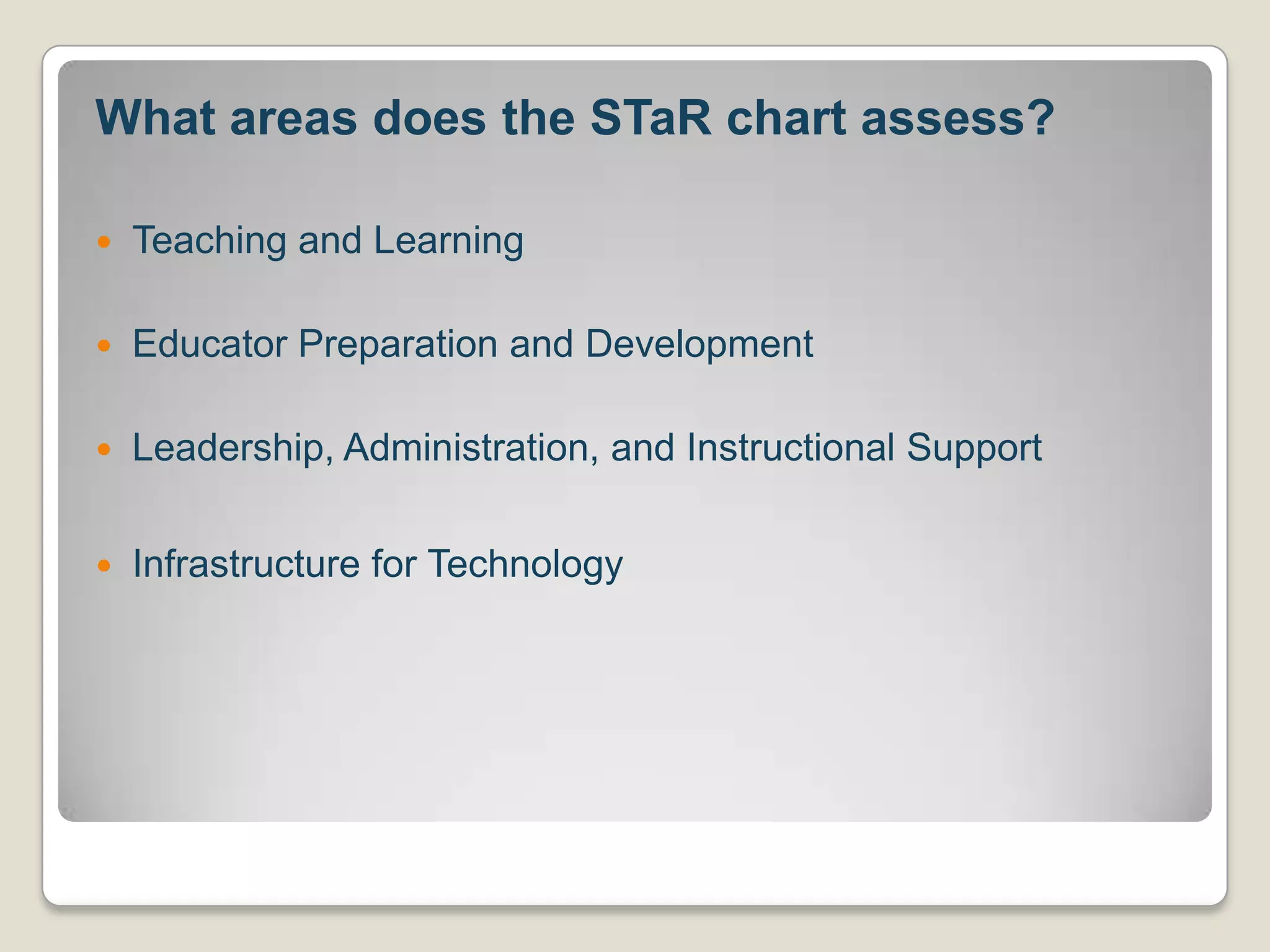 What areas does the STaR chart assess?Teaching and LearningEducator Preparation and DevelopmentLeadership, Administration, and Instructional SupportInfrastructure for Technology