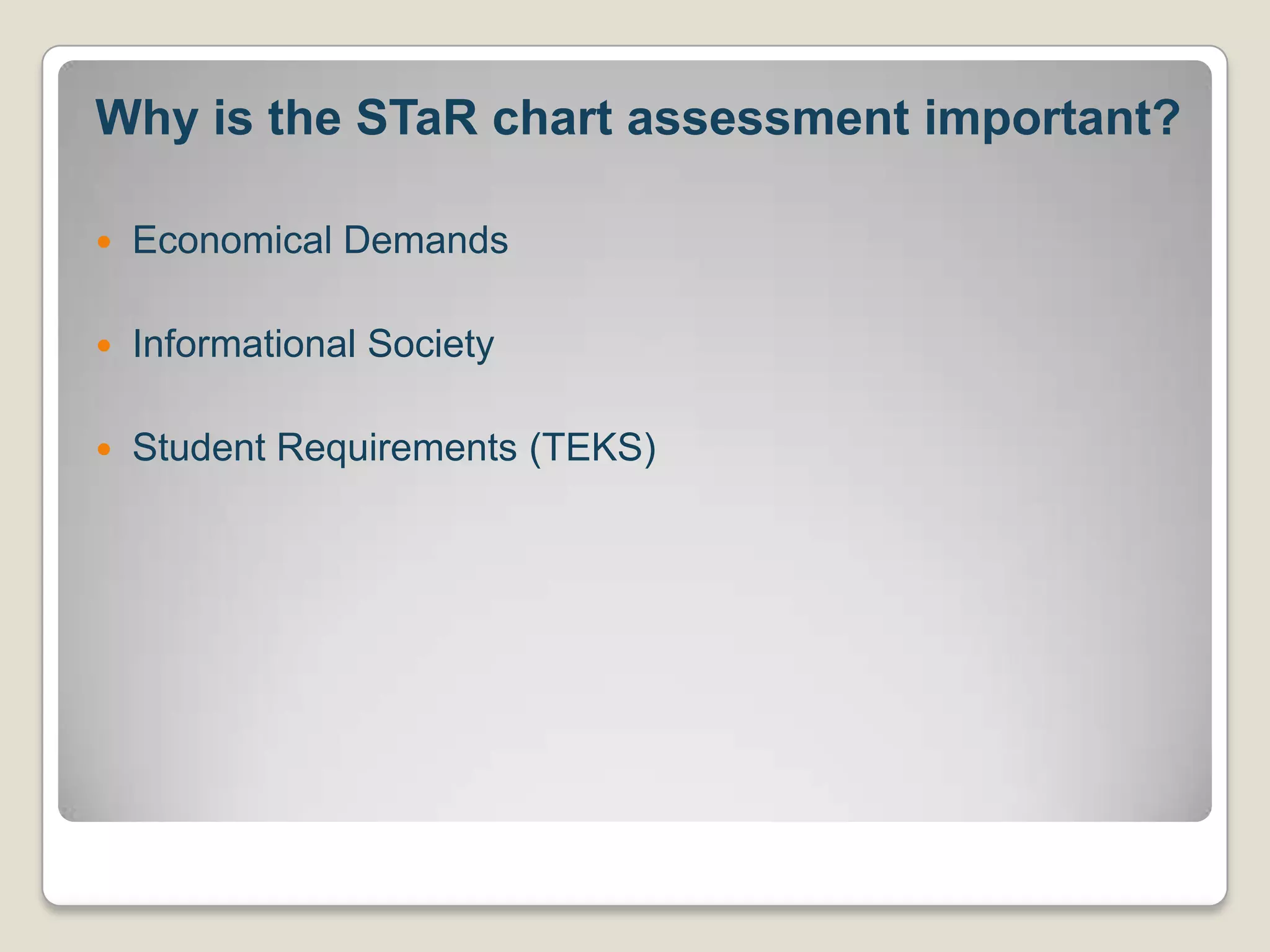 Why is the STaR chart assessment important?Economical DemandsInformational SocietyStudent Requirements (TEKS)