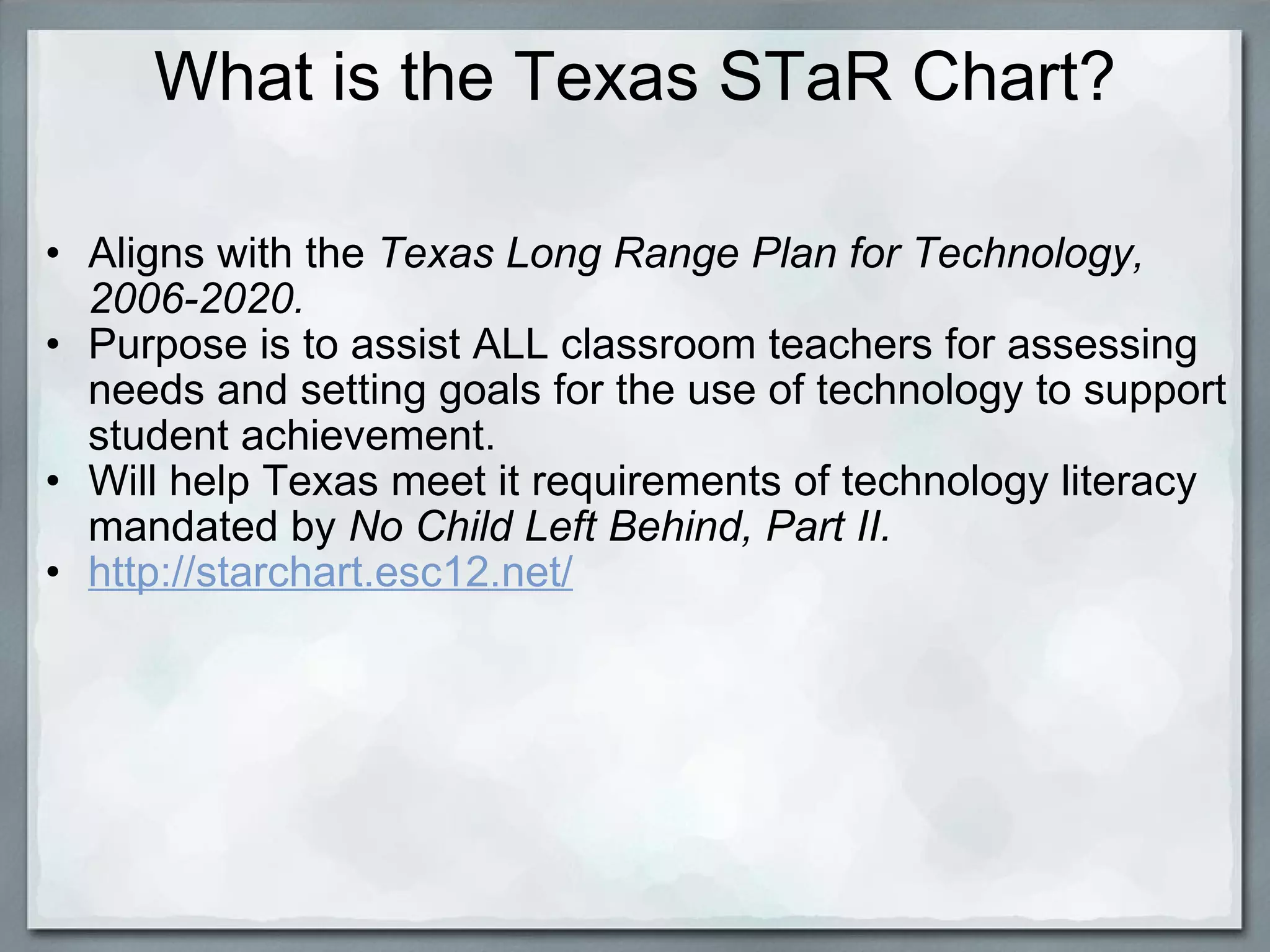 What is the Texas STaR Chart? Aligns with the  Texas Long Range Plan for Technology, 2006-2020. Purpose is to assist ALL classroom teachers for assessing needs and setting goals for the use of technology to support student achievement. Will help Texas meet it requirements of technology literacy mandated by  No Child Left Behind, Part II. http://starchart.esc12.net/     