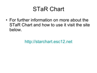 STaR Chart For further information on more about the STaR Chart and how to use it visit the site below. http://starchart.esc12.net 