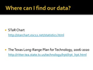 Where can I find our data?STaR Chart http://starchart.esc12.net/statistics.htmlThe Texas Long-Range Plan for Technology, 2006-2020http://ritter.tea.state.tx.us/technology/lrpt/lrpt_lrpt.html